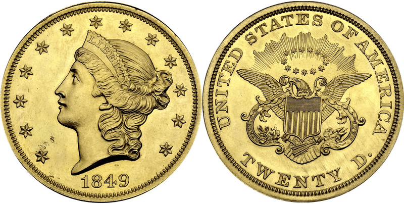 1849 Double Eagle — the first year, created after the California Gold Rush